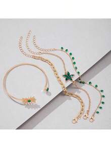 4 Pcs/Set Minimalist Alloy Rhinestone Flower Tassel Chain Sunflower Bangle Bracelet Jewelry Set, Great Gift For Date - Black - View 7