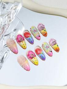 24 PIEZAS de suministros para uñas con flores verdes 3D de primavera y verano + 1 lima de uñas + 1 pieza de pegamento de gelatina