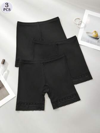 DORSU 3 piezas Shorts de mujer con ribete de encaje, shorts interiores delgados y transpirables anti-rozaduras para usar por capas