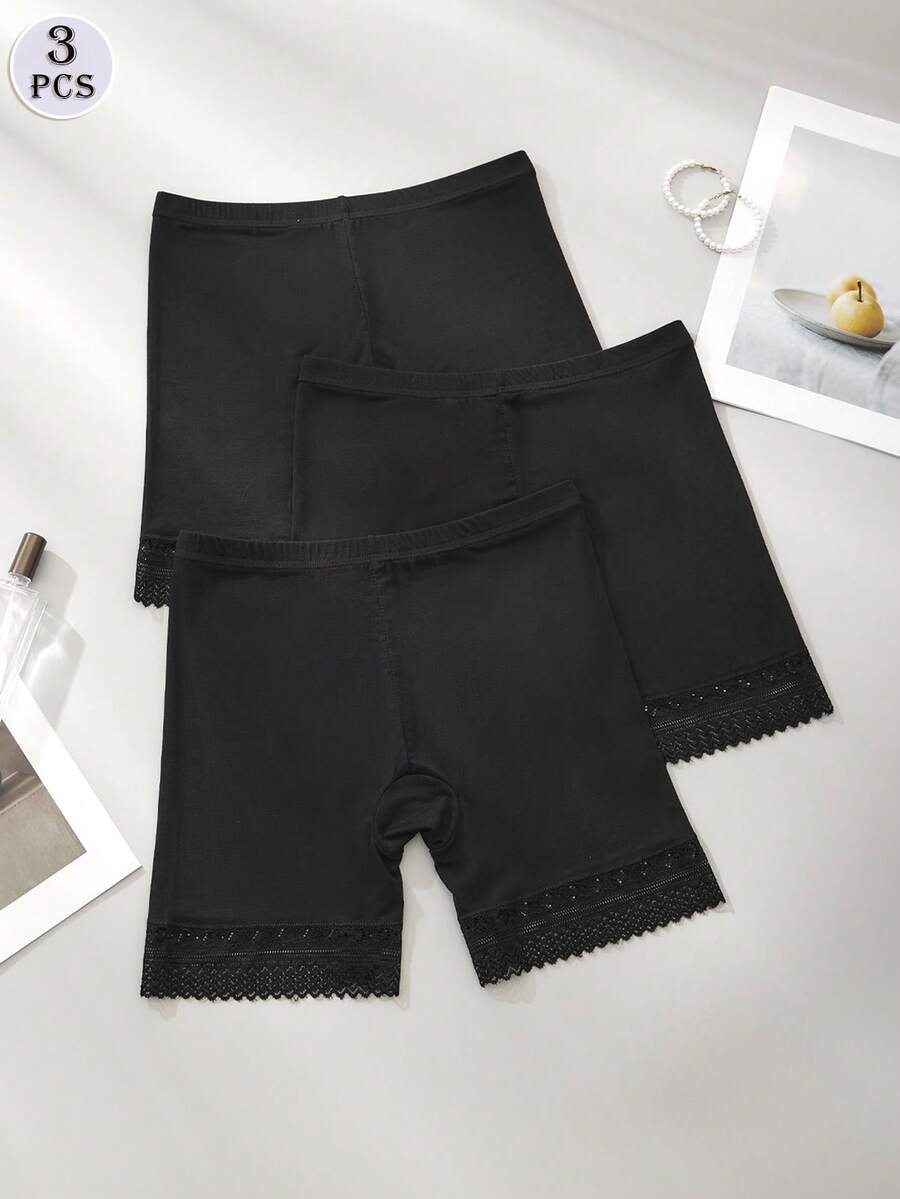 DORSU 3pcs Women's Lace Trim Shorts, Thin Breathable Anti-Chafing Undershorts For Layering - Black - View 1