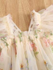 1pc Girls Cute & Elegant Princess Butterfly Decor Cap Sleeve Floral Embroidery Tulle Tutu Party Dress, Beach Holiday Sundress For Spring, Summer, Autumn - Champagne - View 5