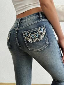Blugi vintage 3/4 cu broderie elastică și mărgele, minimalisti și la modă, personalizați, esențiali pentru ieșiri, acasă și vacanță. - Albastru deschis - Vizualizare 4