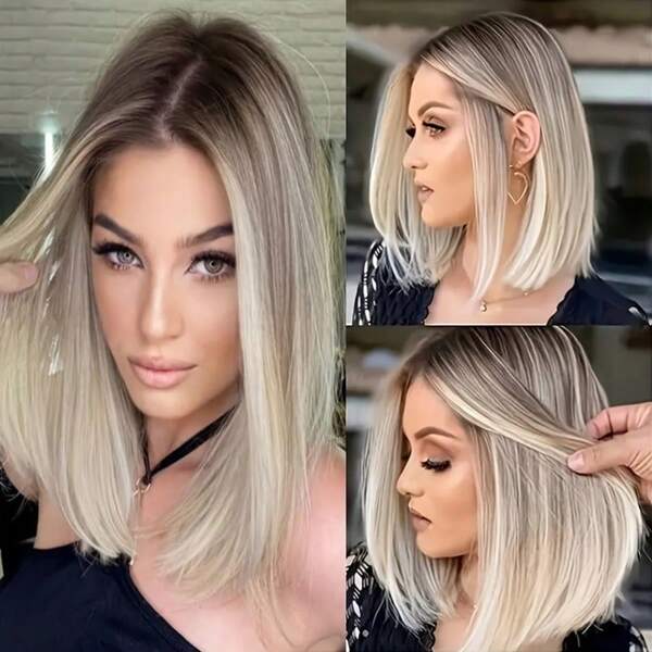 Elegant Ombre Women'S Bob Wig, Heat Resistant Synthetic Fiber, Straight Medium Parted High Density Wig With Buckle Net Cap