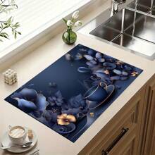 1pc Floral Print Drainage Mat/Absorbent Mat/Drying Mat For Coffee Makers, Dishes - Polyester Tabletop Protective Mat For Kitchen Counter Decoration, Home Bar And Dining Table