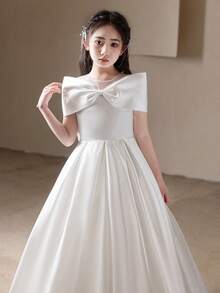 Teens White Elegant Maxi Dress, Middle/Big Girls Birthday Party Wedding Bowknot Formal Gown - 白色 - 查看 3