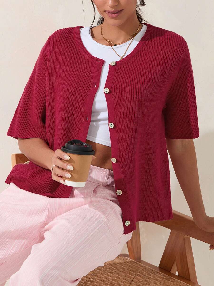 Women's Autumn Knit Cardigan Half Sleeve Round Neck Solid Color Button Up Knitwear - Red - View 1