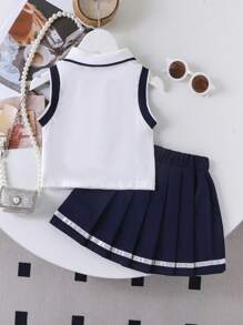 Conjunto de 2 piezas de top sin mangas con cuello polo con bordado de corazón y falda plisada para niñas, para el verano