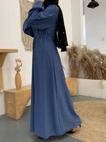 Women's Fashion Lapel Solid Color Long Sleeve Dress, Loose Long Dress - Blue - View 7