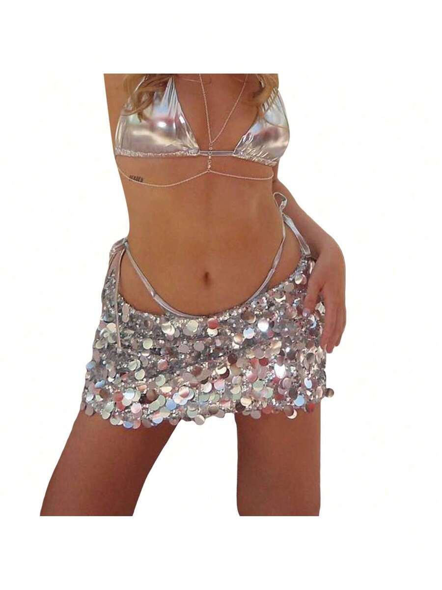 Sequin Skirt For Women Stretchy Bodycon Mini Skirts Sexy Sparkly Skirt Glitter Shiny Skirt Night Out Party - 銀色 - 查看 1
