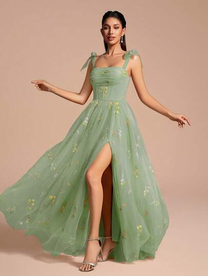 Floral Embroidery Sheer Tulle Spaghetti Strap Tea-Length Formal Cocktail Dress, Party Dress, Prom Dress