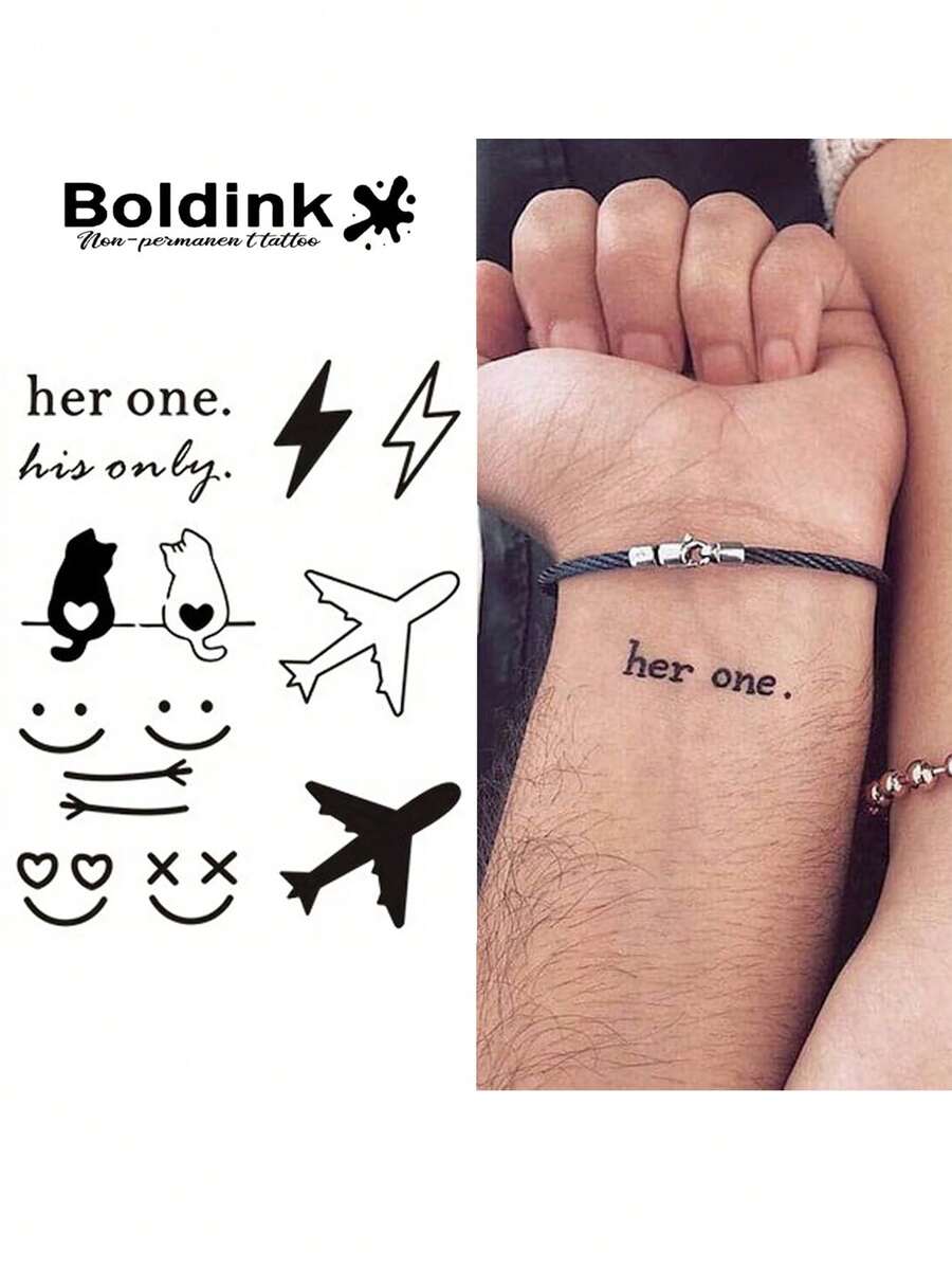 Boldink 情侣临时纹身“她的唯一。他的唯一。”文字、闪电、猫咪、心形图案，防水，持久 1-2 周，哑光，无缝，适合日期、周年纪念，多种款式可选