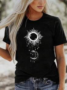 Women's Printed Loose Round Neck Women's Sun And Moon Printed Short Sleeved Shoulder T-Shirt Women's Top