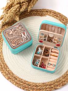 1pc Vintage Bohemian Style Flower Print Leather Jewelry Storage Box With Detachable Letter Element, Sophisticated Fashion, Suitable For Gifts On Occasions Like Valentine's Day, Mother's Day, Graduation - Mint - View 3