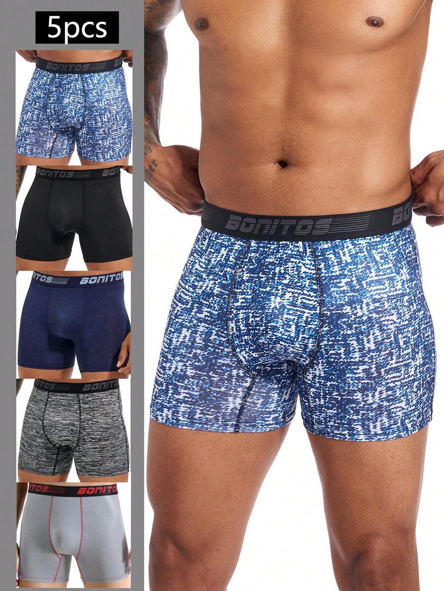 5 chiếc/gói quần boxer nam cỡ lớn, M-XXXXL, cạp chun in chữ (mẫu in bất đối xứng ngẫu nhiên)