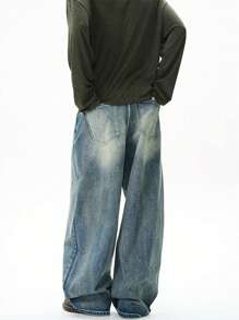 1 peça Calça Denim Casual Larga e Lavada com Design de Cinto Retrô Personalizado em Estilo Americano para Homens