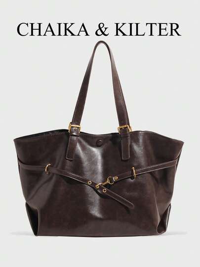 CHAIKA & KILTER Solid Color PU Fabric Shoulder Bag, Women's Retro Casual Large Capacity Shoulder Handbag, College Student Backpack, Shoulder Strap Decorated With Ruffle, Dual Handles, Magnetic Closure, Suitable For Travel, Shopping, Dating, Women's Gift, Suitable For Teenage Girls, College Students, Young Professionals, Office, School, Work, Business, Commuting, Outdoor, Travel, Outings, New Fashion Large Capacity Women Bag