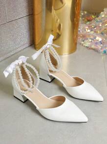 New Fashion Women's White High-Heel Shoes, Thick Heel, Minimalist Mule Sandals With Pearl Bowknot Pointy Toe, Mary Jane Mid-Heel Shoes For Summer