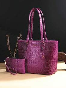 2pcs Crocodile Pattern Large Capacity Tote Bag - PU Leather Textured Shoulder Bag, Casual Versatile Commuter Bag With Clutch Purse - Màu tím - Xem 3