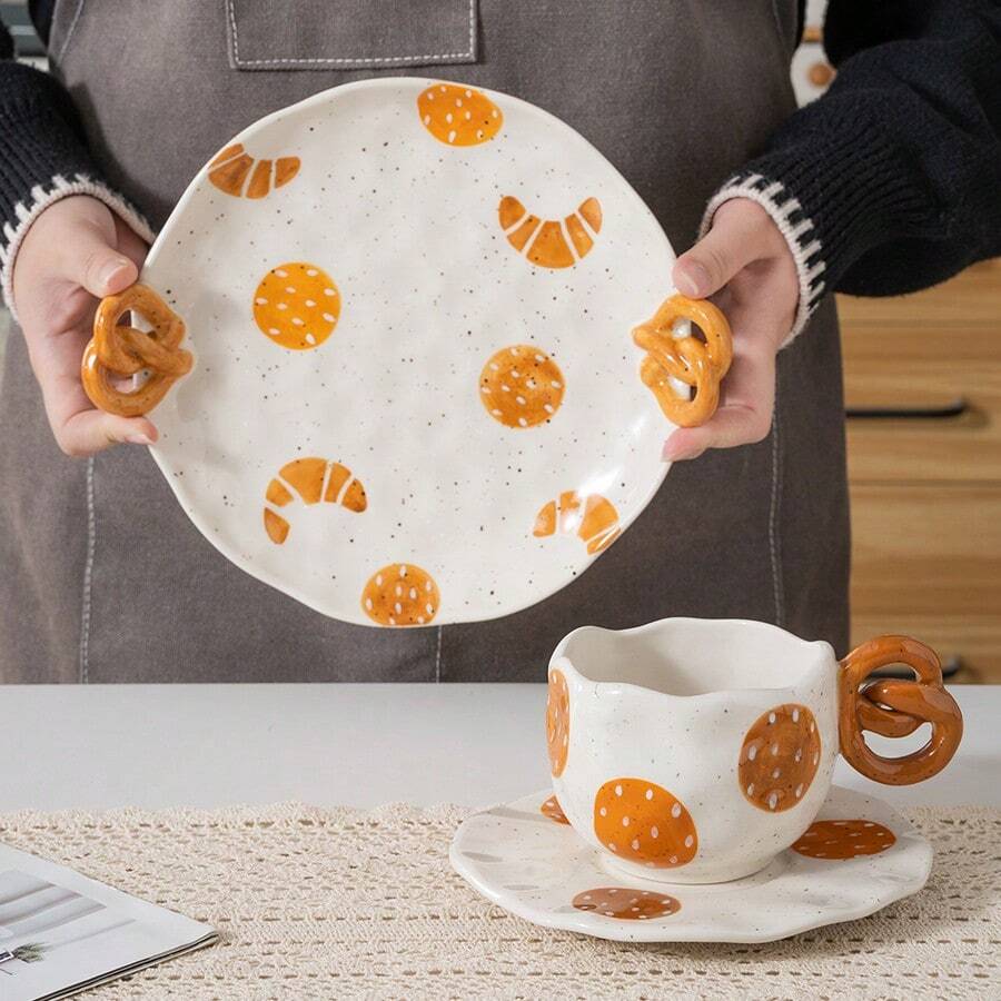 1 set Taza y platillo de cerámica con forma de pan hecho a mano de manera creativa y sencilla