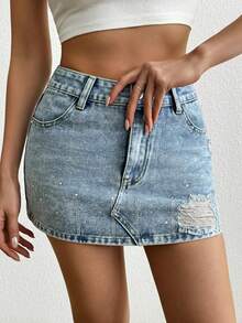 Fusta de denim casual, de epocă, spălată, împodobită cu strasuri, cu talie joasă, pentru femei - Spălare ușoară - Vizualizare 2