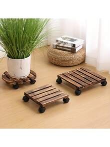 Heavy Duty Rustic Wood Plant Cart With Lockable Metal Wheels | Indoor/Outdoor Garden & Terrace Trolley | Sturdy Mobile Decorative Stand For Pot Transportation & Plant Moving - Multicolor - View 2