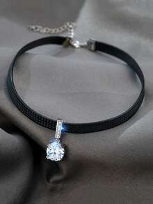 1PC Glitter Zirconia Geometric Pendant Choker Sexy Black Leather Short Necklace For Women Elegant Aesthetic Jewelry Accessories - 項鍊 - 查看 9