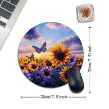 1pc Sunset Beach Butterfly Design Round Mouse Pad, With Anti-Slip Rubber Base Small Portable Travel Mouse Pad, Suitable For Work Wireless Computer Laptop, Office Desk Accessory