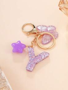 1 Pc Creative Key Chain With Letter Stone Resin Pendant, Butterfly Tassel Letter Keychain For Girl - Purple - View 14
