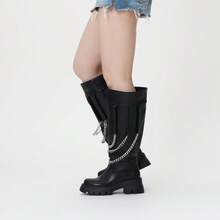 Pasuot Women's Knee-High Goth Platform Boots With Chunky High Heel, Buckles, Lace-Up Design, And Chain. Perfect For A Bold Punk Combat Look. - Black - View 6