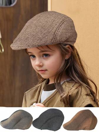 1 件儿童贝雷帽英伦风亚麻帽时尚平顶帽男童女童经典复古盖茨比出租车司机帽 8-16 岁