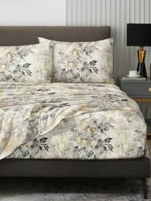 4 件卡其色花园花朵图案床单套装床上用品套装，1 件床笠和 1 件床单和 2 件枕套床上用品床垫保护套（不包括枕芯）豪华床笠套装特大号双人床全尺寸床单深口袋最大 11.8 英寸枕套，柔软透气防皱，更适合睡眠，豪华酒店风格，送给妈妈爸爸朋友农舍床上用品套装的礼物 - 彩色 - 查看 2