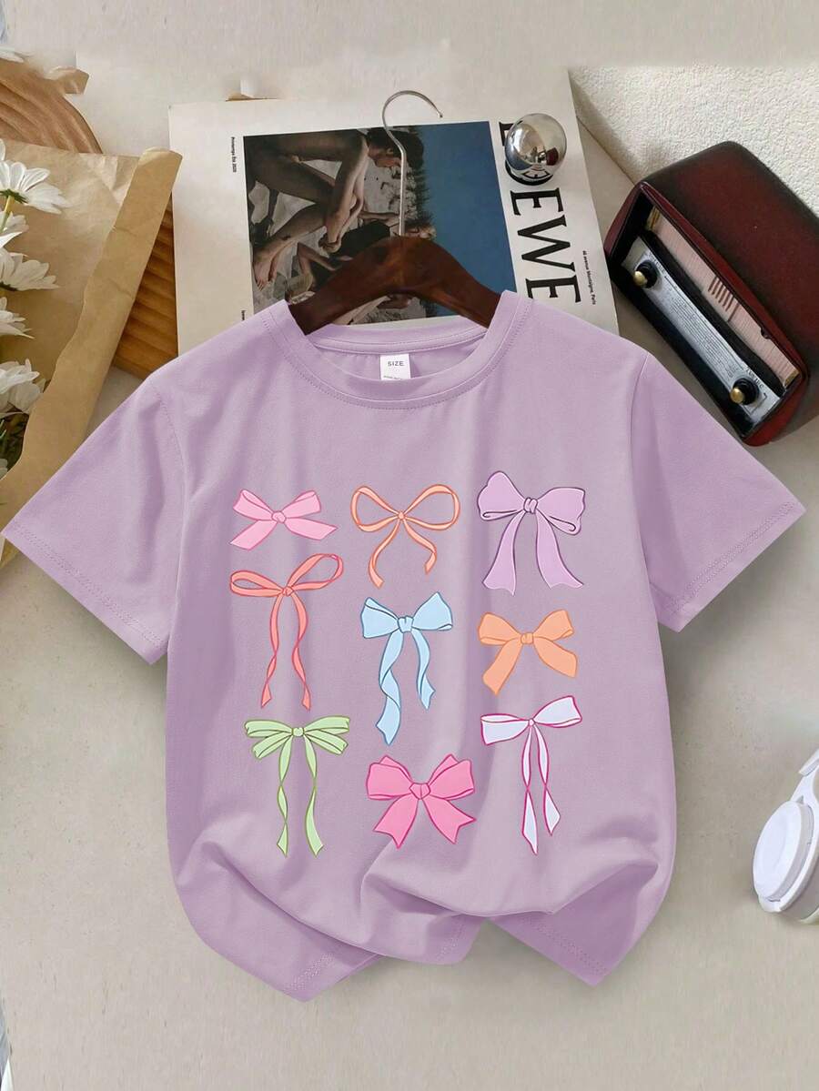 Tween Girls' Bow Print Round Neck T-Shirt, Casual Soft Top For Spring/Summer - Purple - View 1