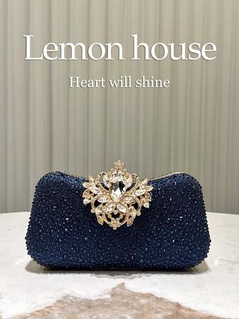 1pc Navy Blue Glittery Luxury Rhinestone Elegant Evening Bag, Rhinestone Clasp Fashion Clutch Purse Suitable For Banquet, Party, Wedding, Gala, Ladies Ideal Gift