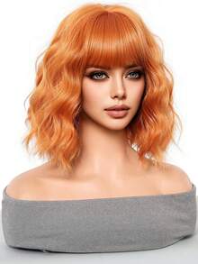 12英寸亚麻棕色短款波浪卷假发，耐热合成假发，带刘海，适合日常佩戴、派对和角色扮演 - 橘色 - 查看 6