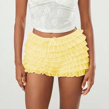 Women's Summer Ruffled Frilly Shorts Multi-Layer Mesh Short Pants Sweet Cute Bloomers - Light Yellow - View 5