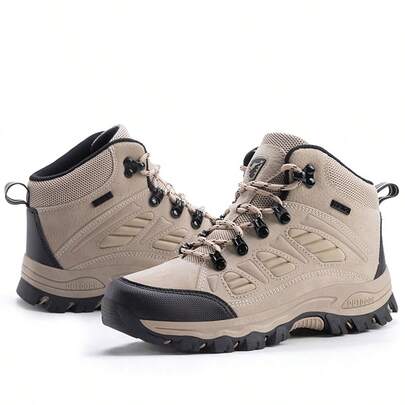 女士户外皮革徒步登山运动鞋运动靴，厚底露营登山靴