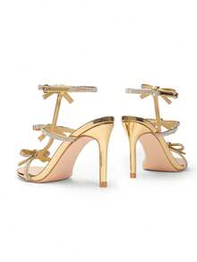 Women Wide Fit Crystal Bowknots High Stilettos Fashion Sexy Open Toe Ankle Strap Heeled Sandals For Party Wedding Prom - Gold - View 7