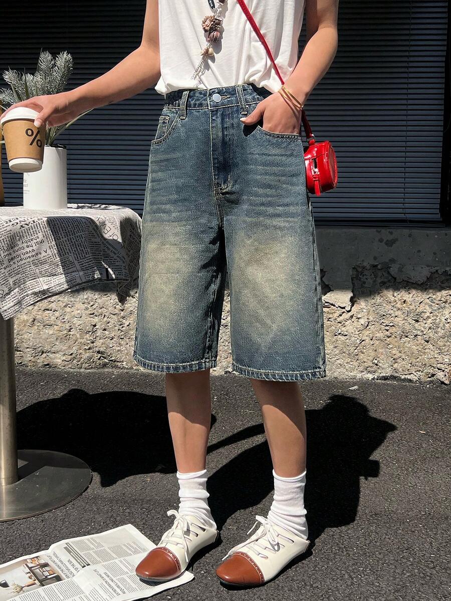 女士休闲破洞牛仔阔腿及膝短裤 - 深色水洗藍 - 查看 1