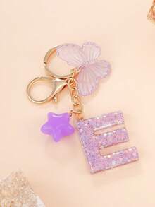 1 Pc Creative Key Chain With Letter Stone Resin Pendant, Butterfly Tassel Letter Keychain For Girl - Purple - View 33