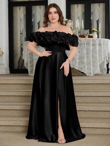 UNITHORSE Plus Size 1pc Off Shoulder Cloud Pleated Waist Slim A-Line Side Slit Simple White Wedding Dress Gown,Bride, All White Party Outfit Women - Black - View 6