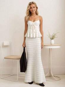 New Summer Sweet Camisole Top And High Waist Mermaid Skirt Set, Suitable For Vacation & Dating - Beige - View 5