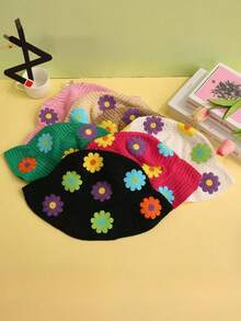 1pc Women's Cute Y2K Style Knitted Bucket Hat, Handmade Crochet Floral Pattern Hollow Decor Colorful Flower Patchwork, Sun Protection Outdoor Photography Fashion Daily Wear - Flowers - View 9