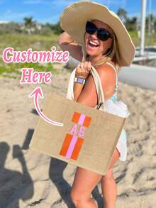 1pc Customized Canvas Tote Bag, Summer Linen Handbag, Ladies Personalized Shopping Bag, Commute School Travel Large Capacity Shoulder Bag, Suitable For Daily Outfit - Khaki - View 2