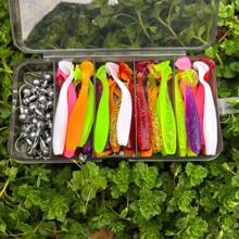 55 pièces Ensemble de leurres de pêche, comprenant des hameçons à tête de plomb, des hameçons souples en forme de queue de T, des vers souples. Convient pour la pêche à la perche, au doré, accessoires de pêche