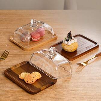 Wooden Butter Dish With Glass Lid, Cheese Box, Butter & Cheese Snack Plate, Dessert Display Stand