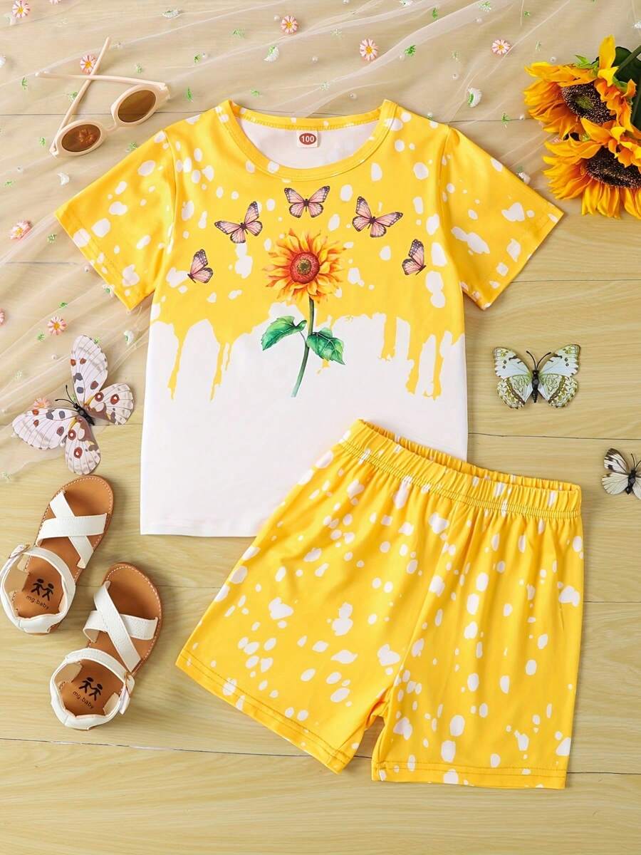 Conjunto informal de 2 piezas para niñas con blusa de manga corta con diseño de girasoles y mariposas y pantalones cortos con estampado de lunares para el verano