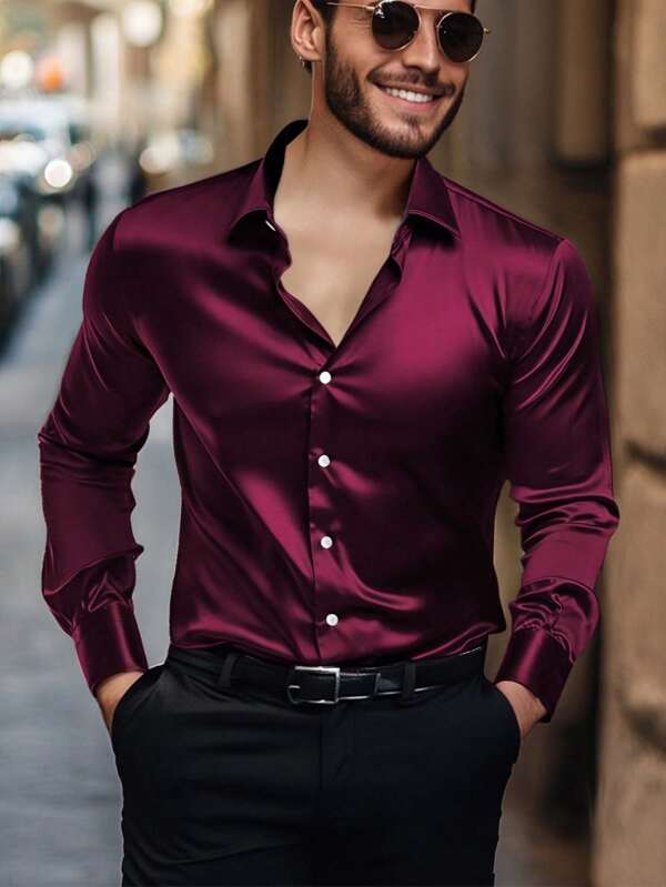NITAGUT Men Solid Button Up Shirt