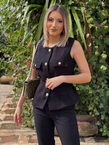 Women Elegant Sleeveless Single-Breasted Tops Casual Fashion Pocket Decoration Vest Top - Black - View 4