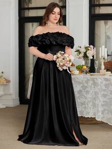 UNITHORSE Plus Size 1pc Off Shoulder Cloud Pleated Waist Slim A-Line Side Slit Simple White Wedding Dress Gown,Bride, All White Party Outfit Women - Black - View 5