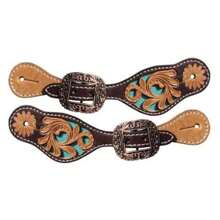 Hand-Tooled Western Spur Straps For Kids - Genuine Leather Two-Tone Equestrian Gear With  Turquoise Inlay & Floral Carving, Youth Cowboy Rodeo Accessories Horse Riding Competition Spurs